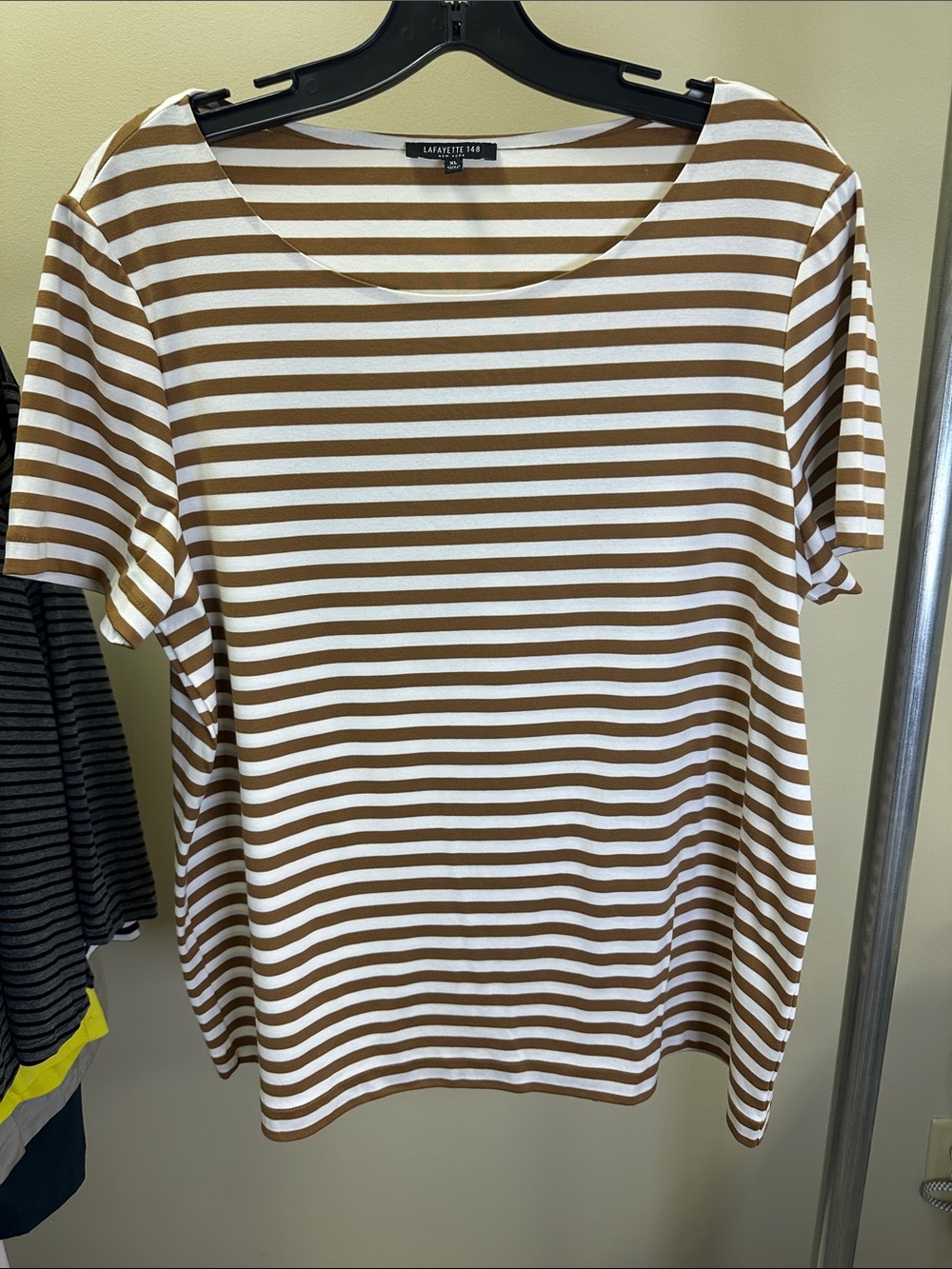 Lafayette 148 New York White and Brown Striped Short Sleeve Tee